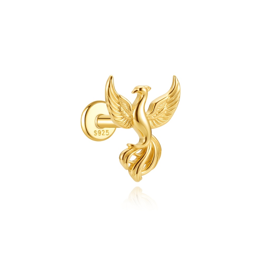TEMU S925 Silver Phoenix Flat Back Stud Earrings, Inner Thread Women's Cartilage Piercing Jewelry, Exquisite Ear Hoop Studs, Suitable For Daily Wear