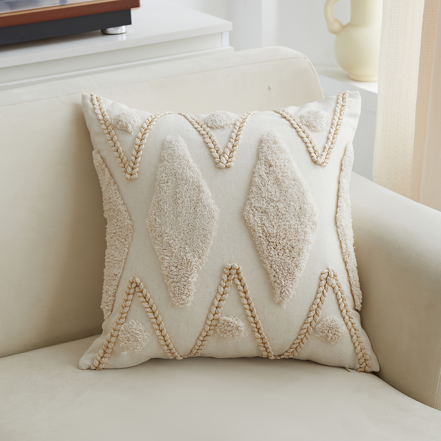 Image of 1pc, Natural Linen Pillowcase, Geometric Braid Decoration Pillowcase, Single Side Tufted Embroidery, Suitable For Sofa, Living Room, Bedroom Home Decoration, No Pillow Core