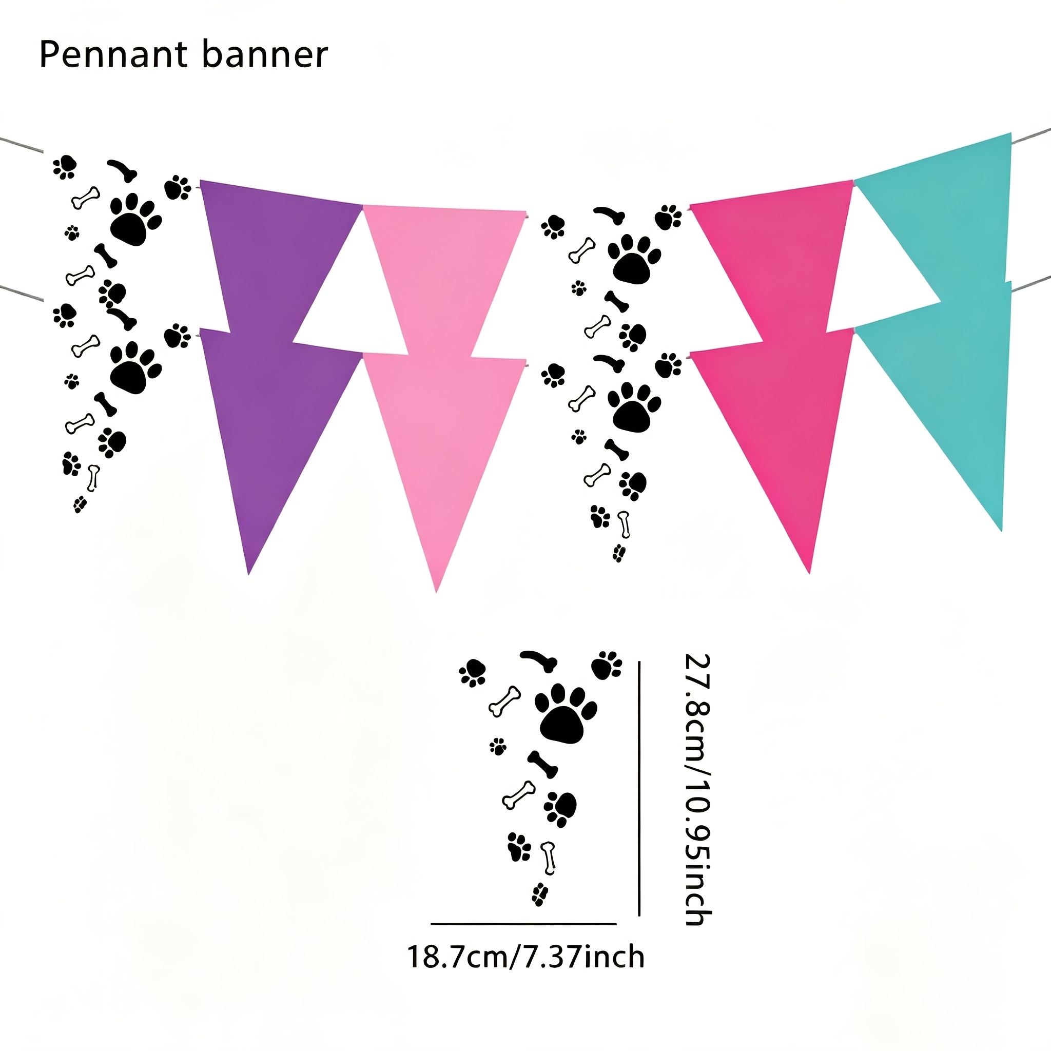 TEMU Bannière triangulaire multicolore à 12 côtés avec de patte de compagnie, grande bannière simple face de 18,7 x 27,8 cm, os de chien bleu mélangé