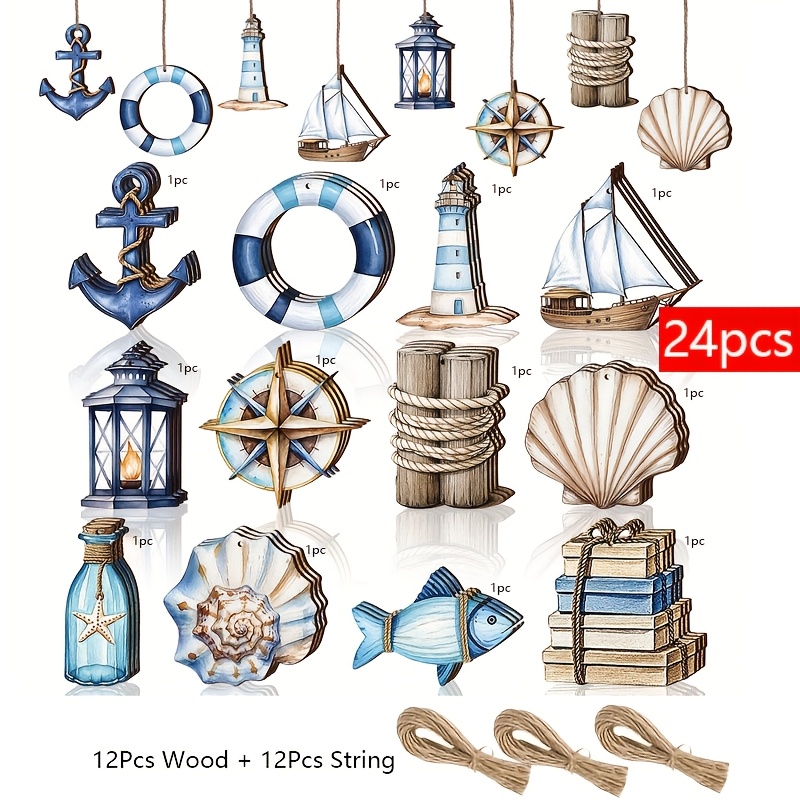E-shop 24-teiliges böhmisches mediterranes nautisches Wand- & Hängedekor aus Holz – Küstenanker, Muscheln, Fische aus Kunstholz, geeignet für Strand im