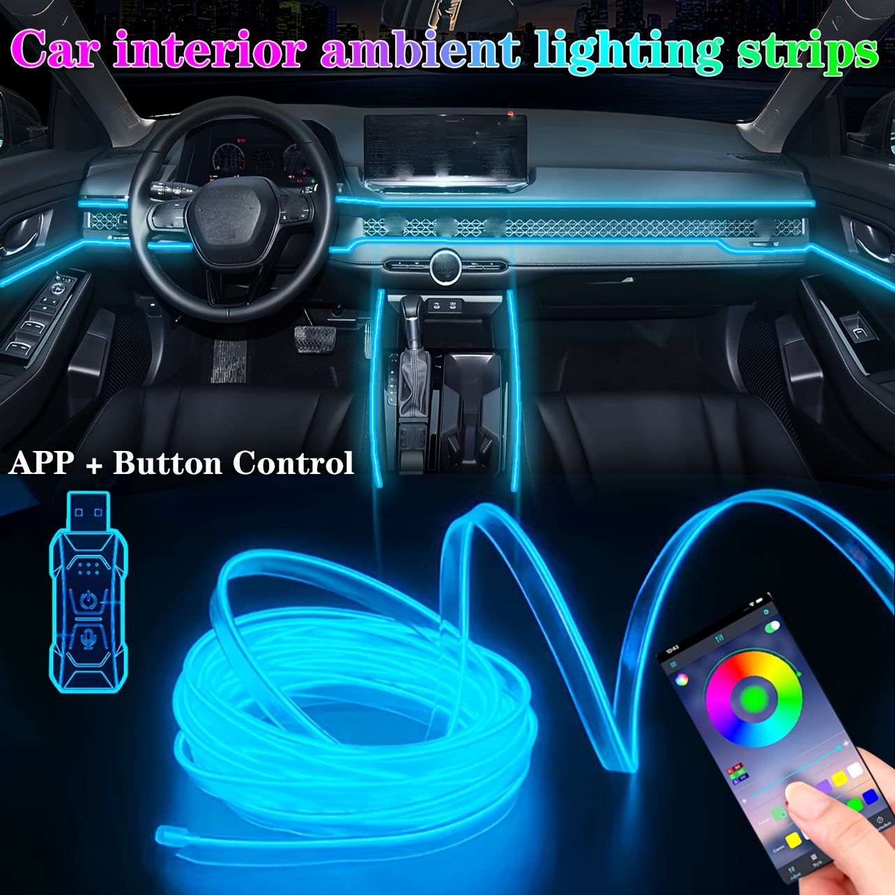 TEMU 2025 New Model Car Interior Led Light Strips, Cool Rgb Ambient Lighting Decoration For Cars, 118-inch Fiber Optic, Dynamic Changing Car Neon