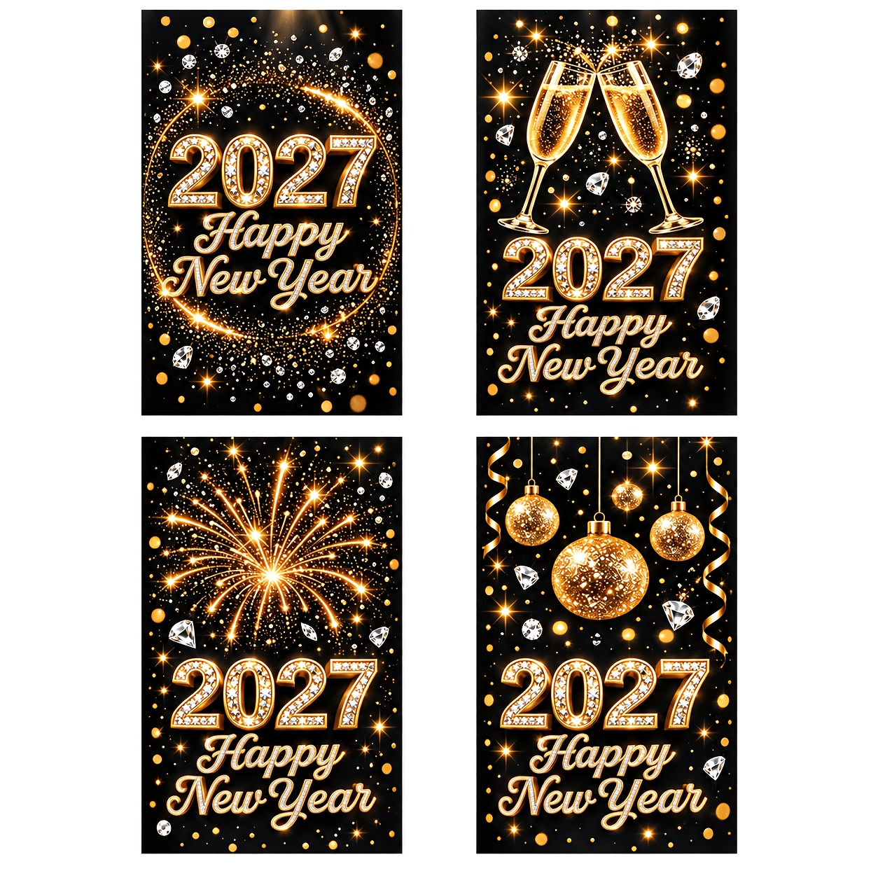 TEMU 2 Sheets Of 8 Stickers Black Golden 2027 New Year Bottle Stickers, Diamond Fireworks Champagne Cup Sequined Texture Happy New Year Cross-year