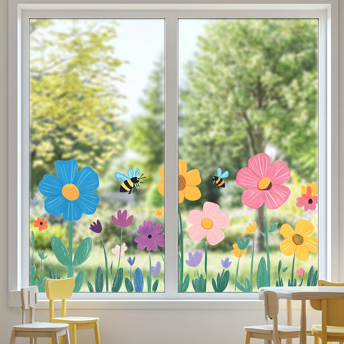 1pc Multicolor Floral Cartoon Sticker, Fun Kids' Room And Classroom Decor Window Sticker, For School Spaces