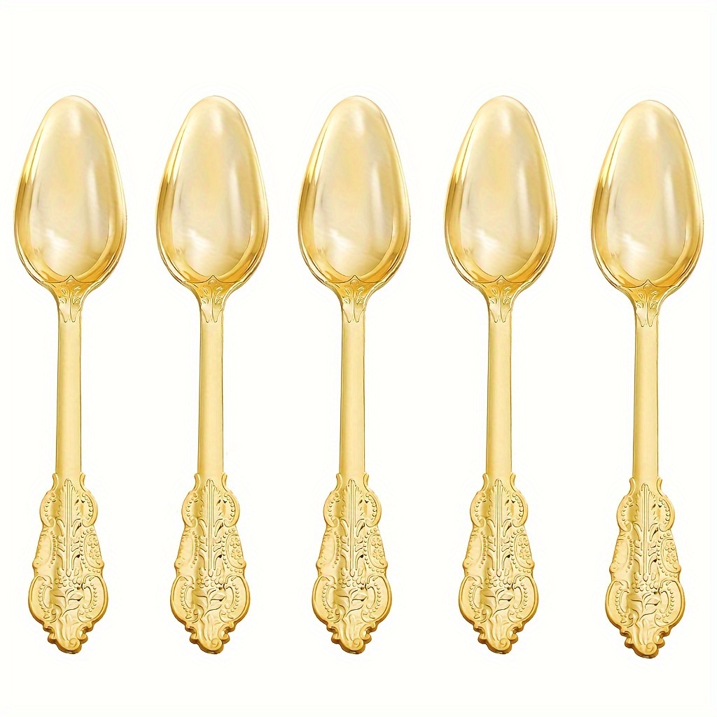 

300pcs Golden Plastic Spoons - Heavyweight Plastic Cutlery Spoons - 6.9 Inch Heavy Duty Utensil Silverware Hand Washable And Reusable