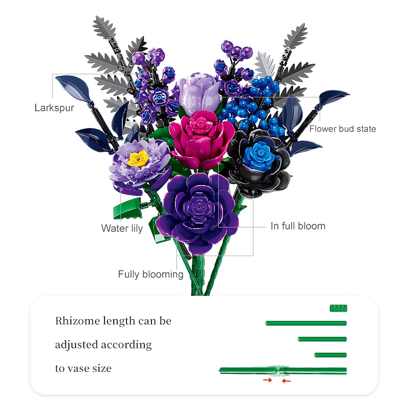 purple rose bouquet building block set small particle - Temu