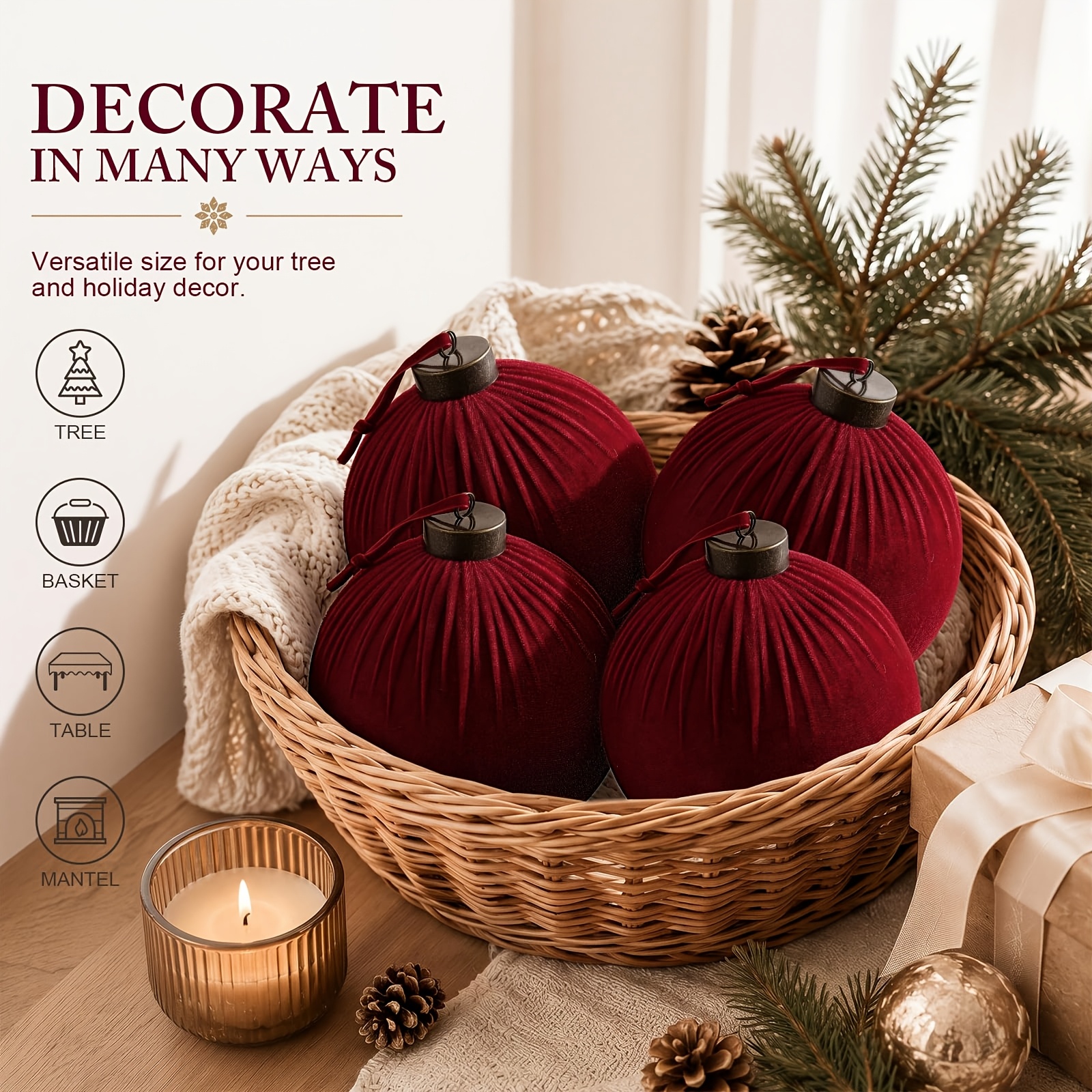 TEMU 4pcs Velvet Christmas Ball Ornaments, Burgundy, Oversized Burgundy, Hand-pleated Texture, Soft Flocked End, Shatterproof Plastic, Ribbon Hangers