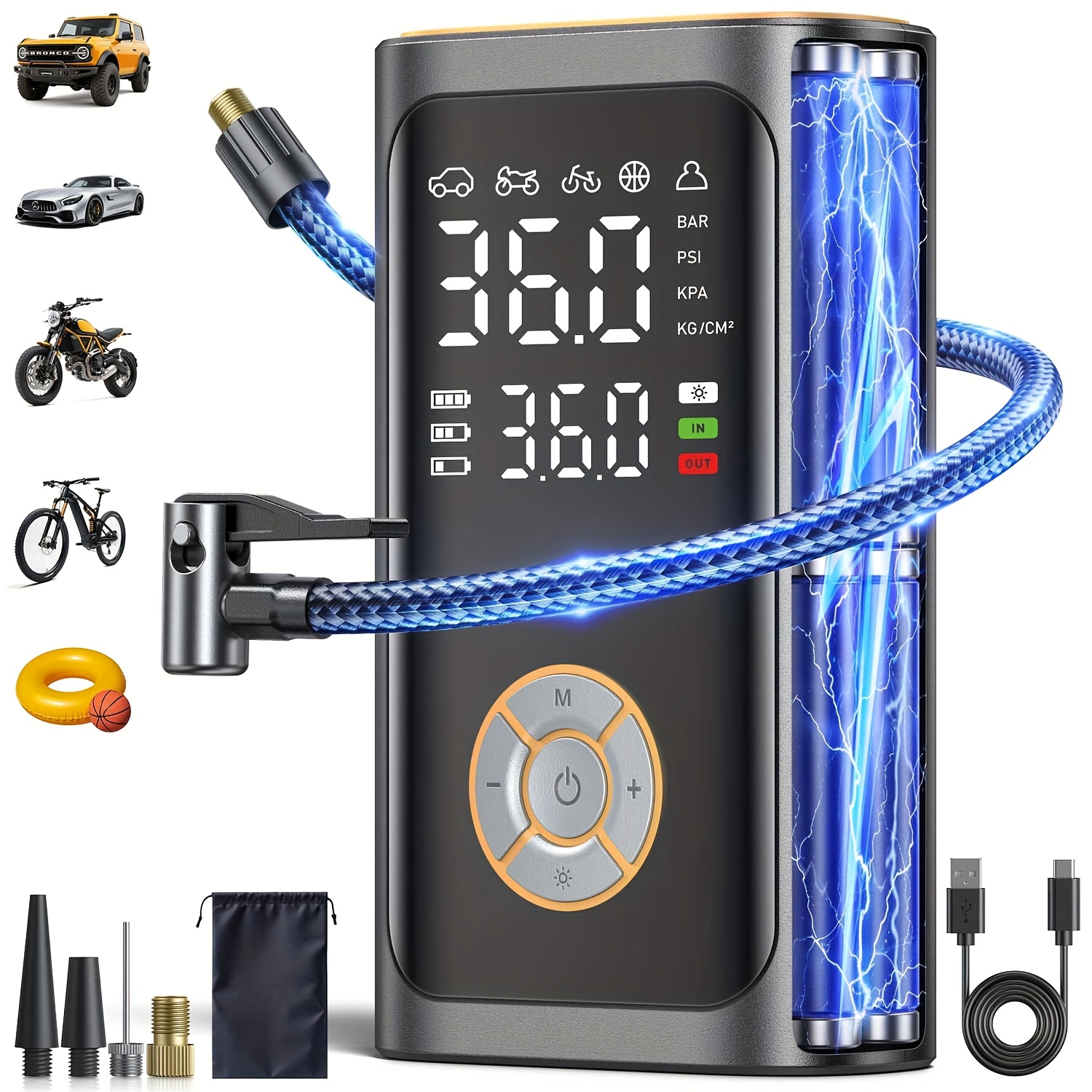 TEMU Portable Wireless Air Compressor Tire Inflator- With Digital Pressure Gauge, Emergency Led Light, 4x Fast Cordless Design, Rechargeable Battery,