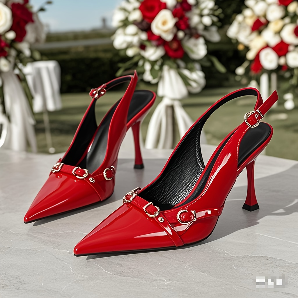 Pair of elegant pointed-toe high heels, featuring a sleek silhouette with shiny metallic buckle accents for an added touch of sophistication. The thin heel design effortlessly enhances your presence, perfect for both the workplace and evening events to showcase your unique charm