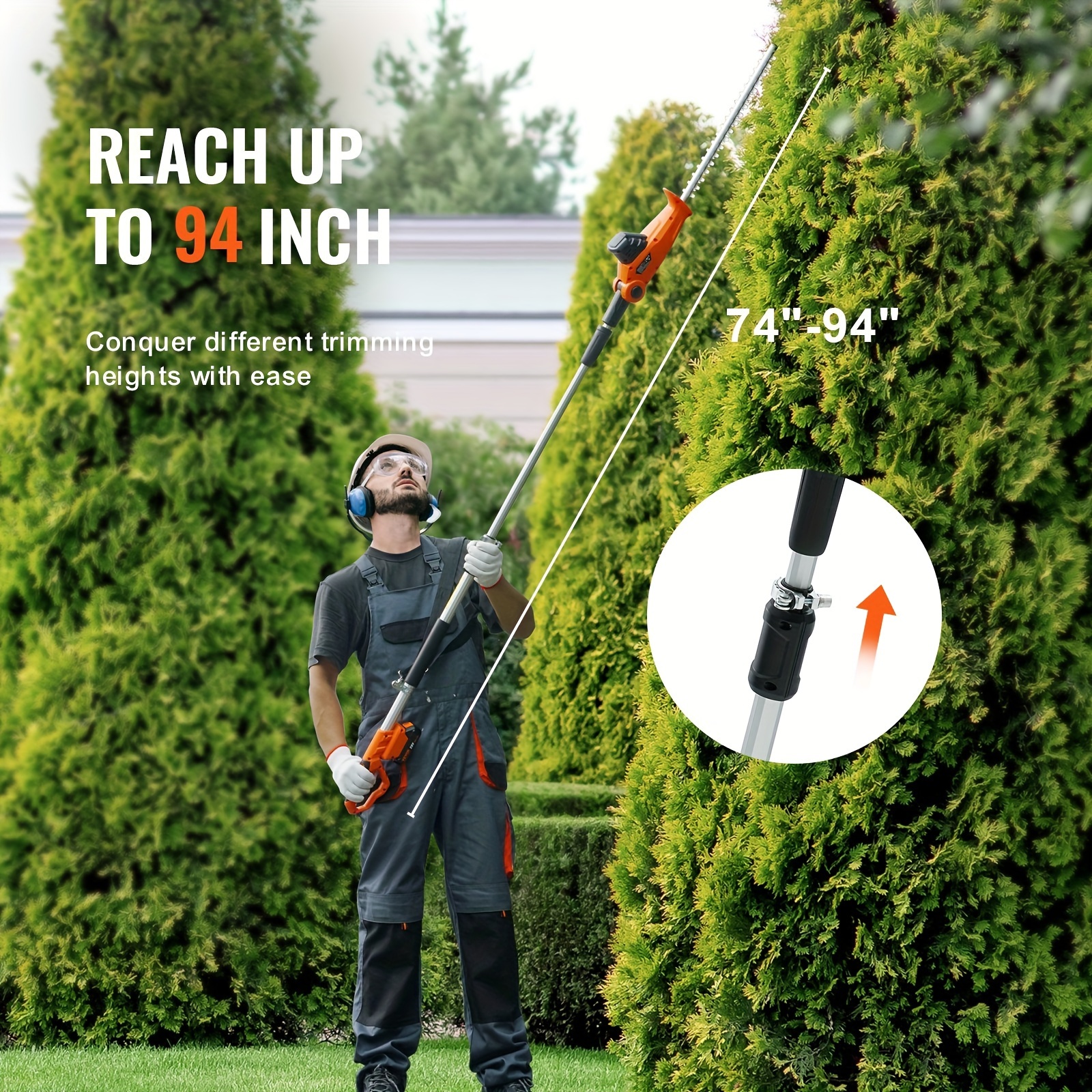 

20v Cordless Hedge Trimmer, 18 Inch Double-edged Steel Blade, Pole Hedge Trimmer Kit 20v Battery, Fast Charger Included, 74"-94" Telescoping Design For High Branches