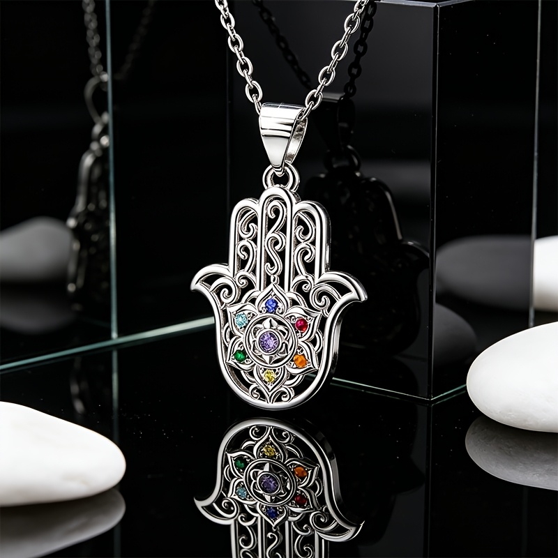 Women's S925 Silver Hamza Necklace with Lotus Chakra Pendant