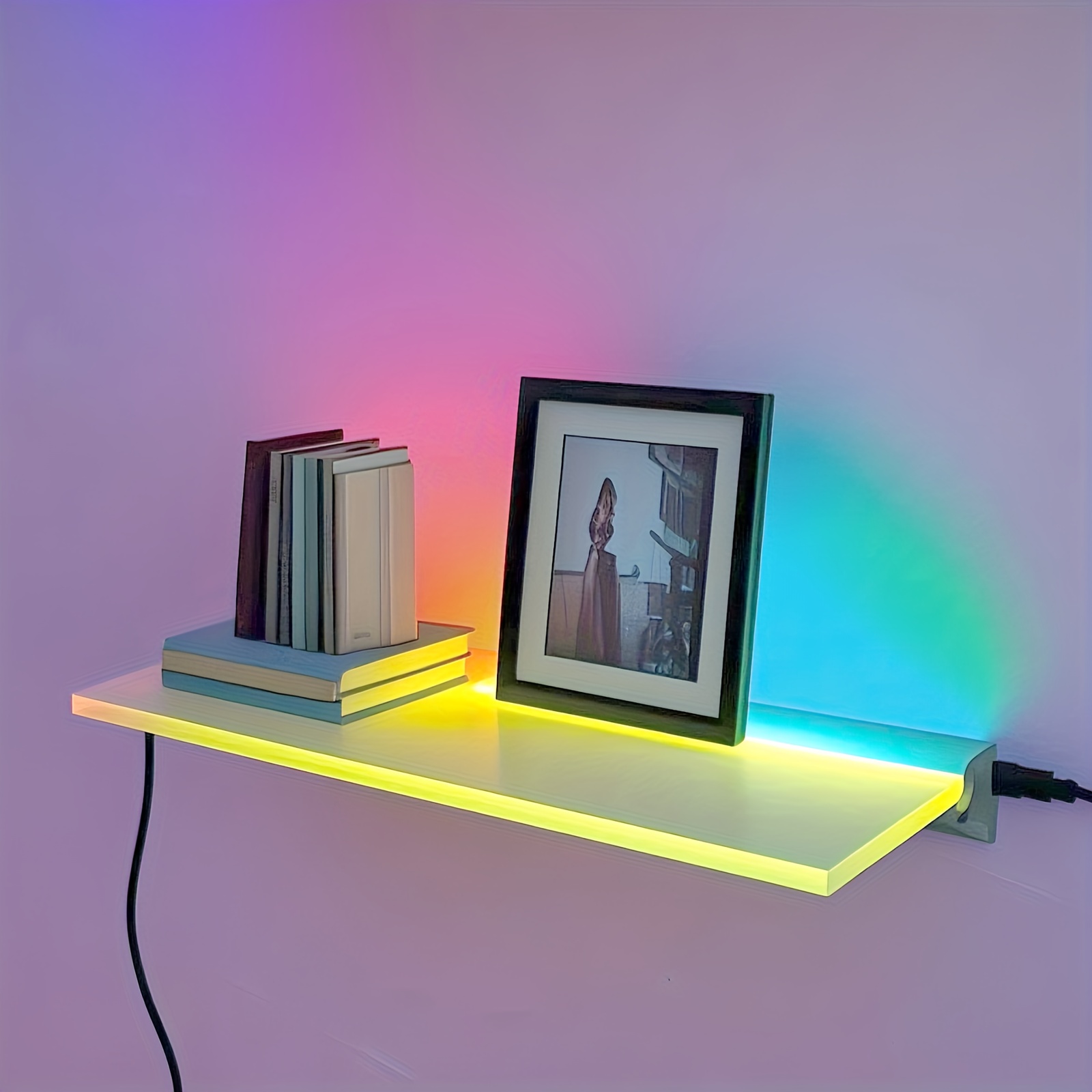 Natural Floating Shelf With LED Lights, Recessed LED Strip, Wood