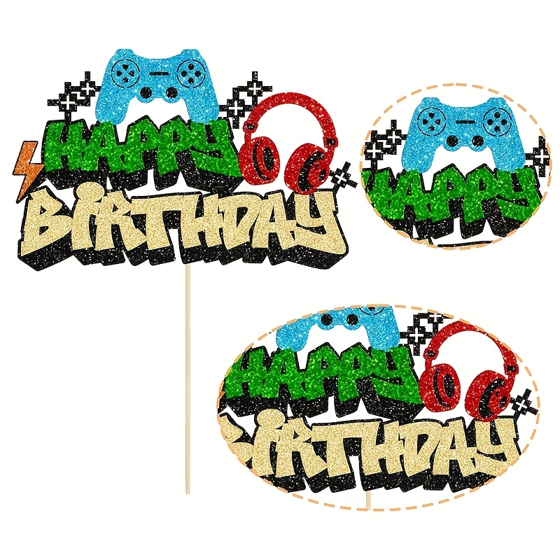 1pc Colorful Sparkling Game Birthday Cake Cover - Sparkling Game Upgrade Theme Birthday Cake Decoration - Upgrade - Electronic Game Theme Cake Cover - Upgrade Winner Party Decoration Supplies