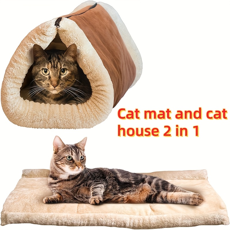 2 in 1 foldable cat mat house soft polyester   bed with plush fleece lining portable   for indoor cats cozy multifunctional pet bed shelter durable fabric small space pets Product details 2