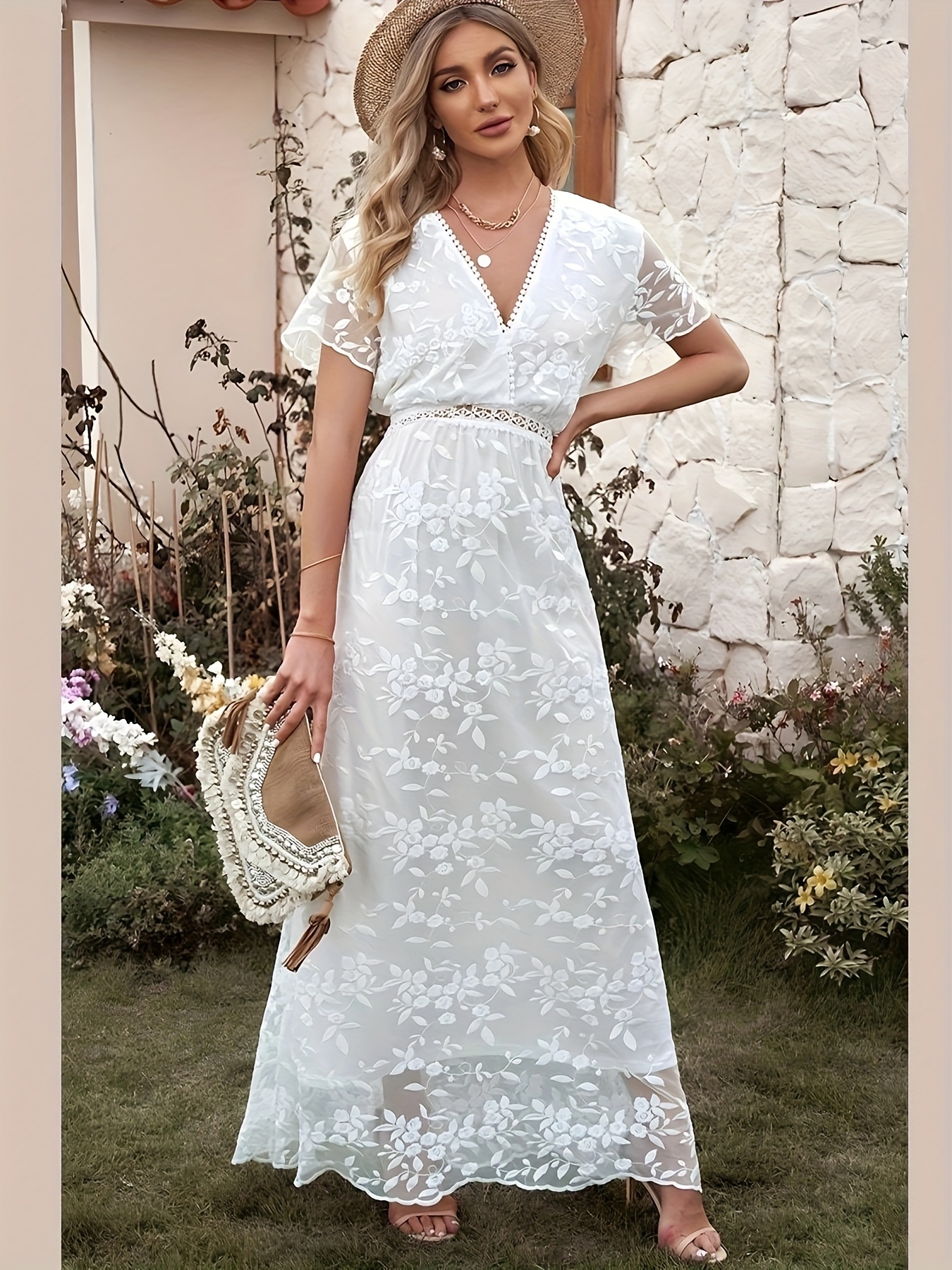 elegant white lace trimmed v neck maxi dress women short Temu Oman