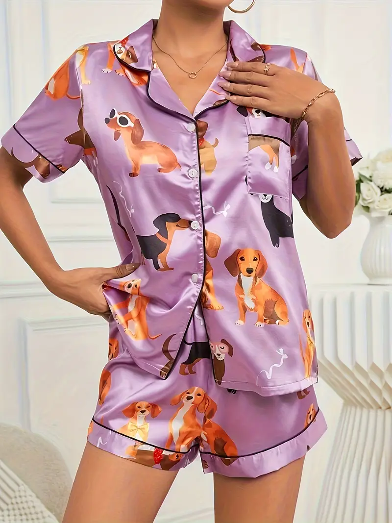 2 satin purple cute puppy sleepwear set womens short sleeved stand up collar top and shorts sleepwear 2 set Product details 3