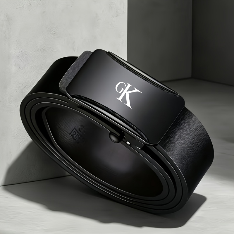 TEMU Gk Pattern Men's Business Belt, A Flexible Black Belt With Embossed Patterns, Features An Alloy Automatic That And Closes And Silently. The