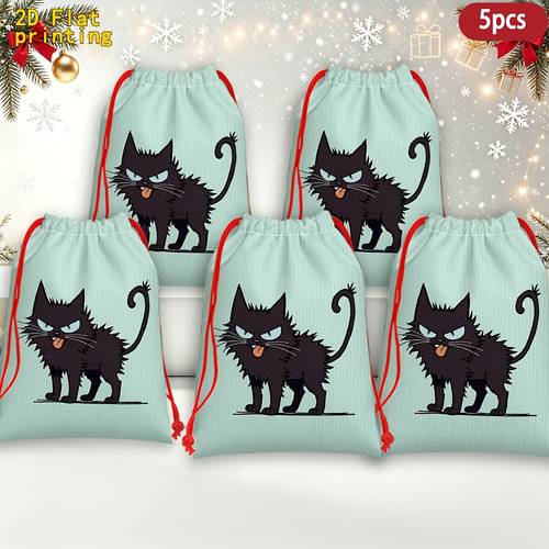 2d flat 5pcs gift packaging bags black cat angry theme pattern drawstring bags suitable for weddings parties shrinkable candy christmas small gifts christmas new year gifts anniversaries birthday