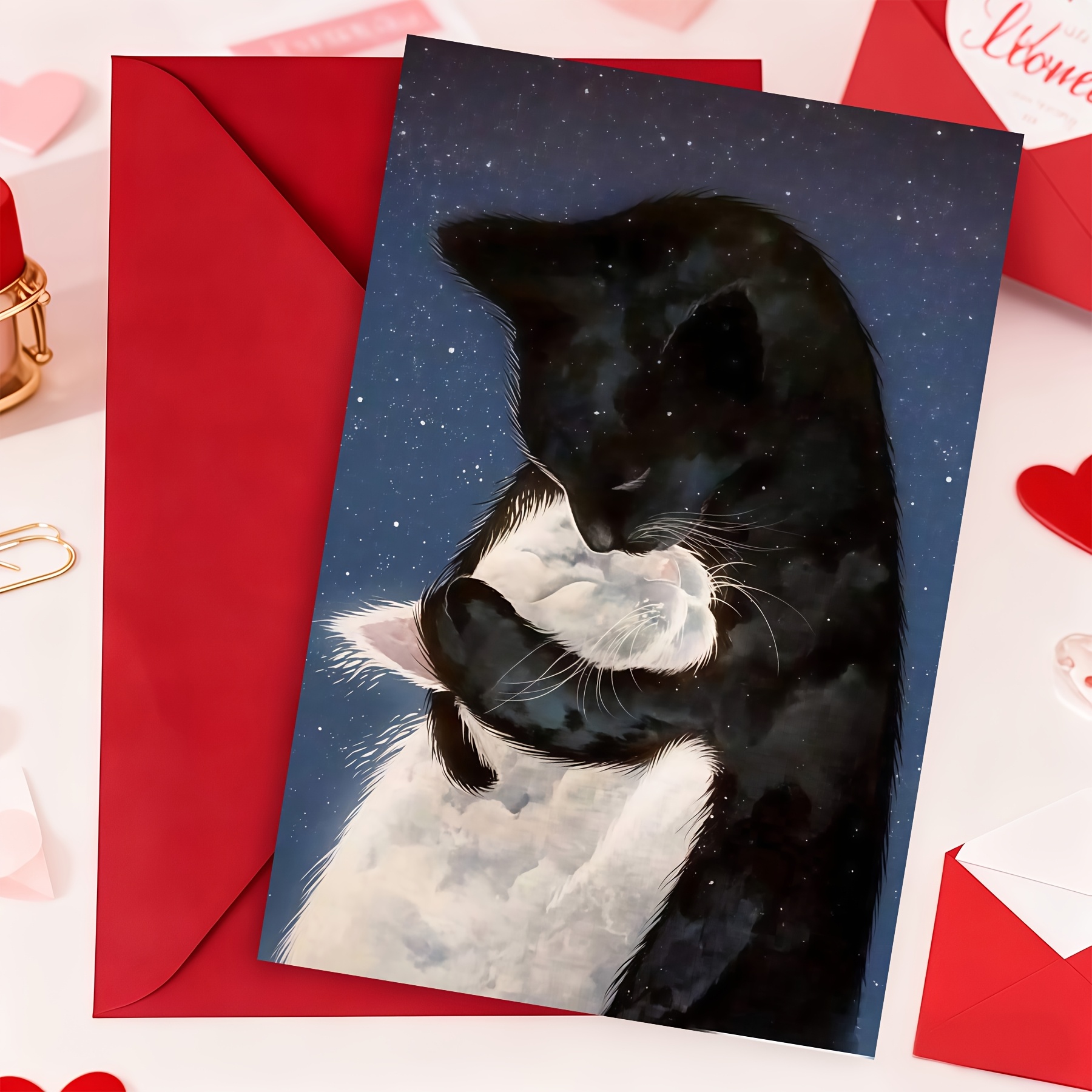 TEMU Starry Sky Hugging Black And White Cat Greeting Card, Matching Red Envelope Included, Watercolor Cloud Fur Soft Night Sky Couple Feline Print