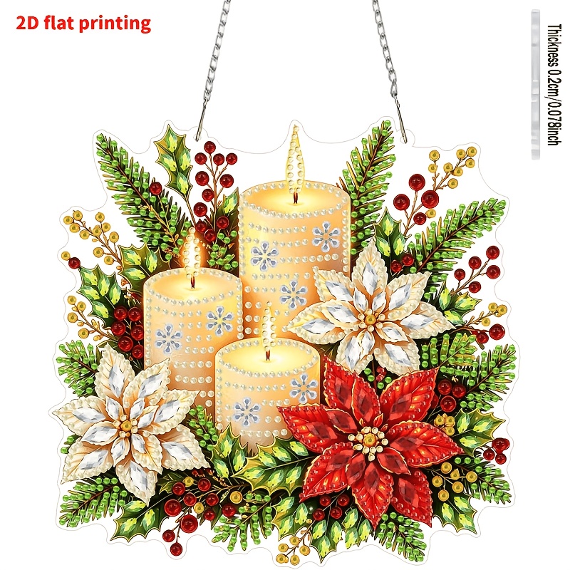 TEMU 2D-Flachdruck Weiße Kerze Diamantmalerei-Anhänger, -Strass-Diamant, Schönes florales Diamantmalerei-Fensterszene-Bild, Sonderform hängendes