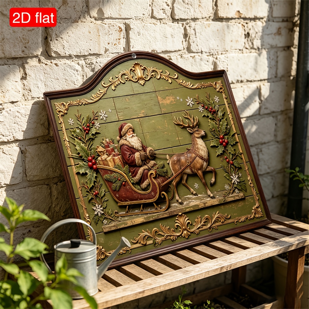 TEMU 2d Flat, 1 Christmas Theme Wood Carving: Santa Claus Riding A Reindeer Sled, European Retro Wooden Doorplate Wall Decorations, Art Decoration
