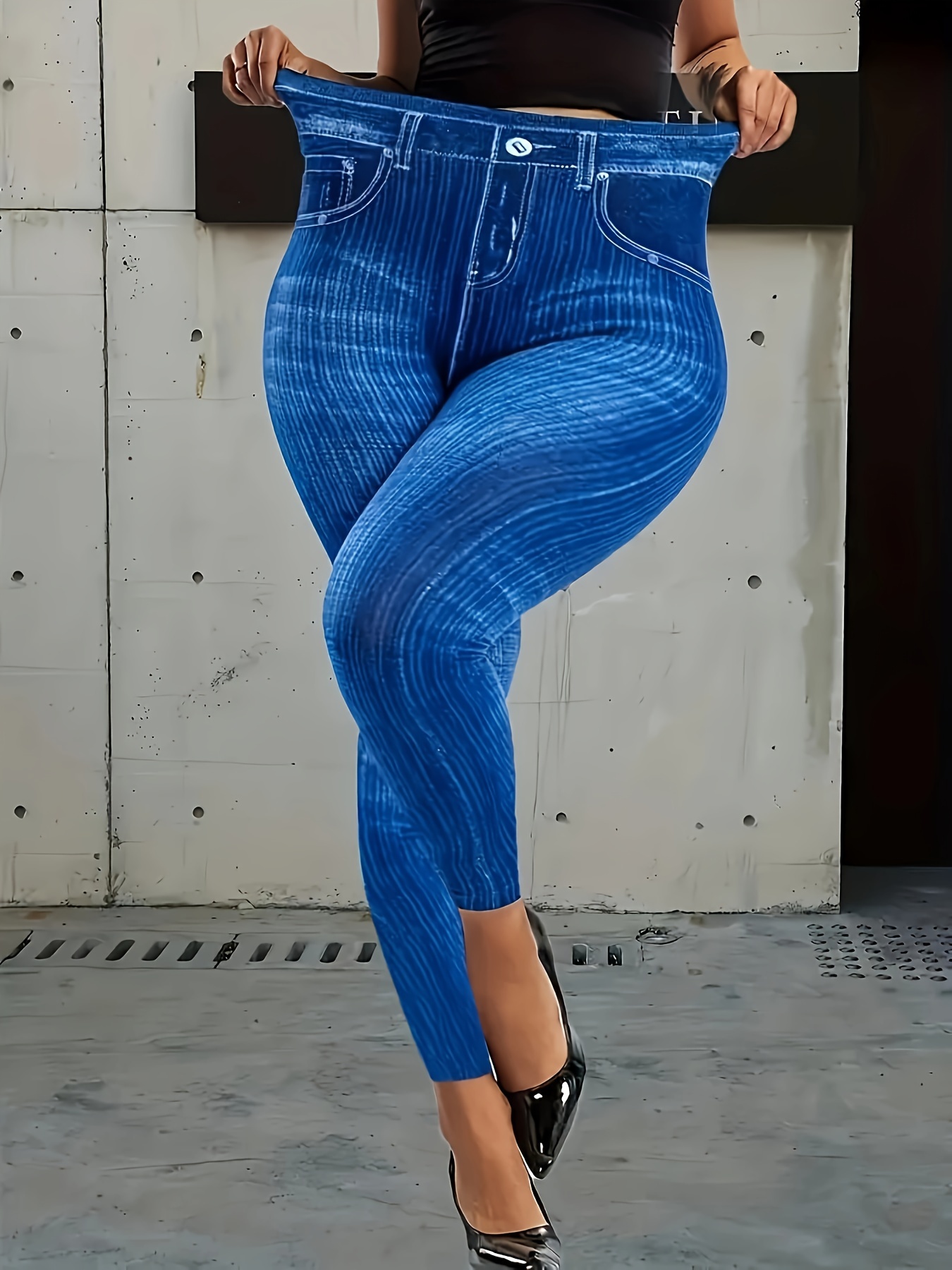 Women'S Plus Size Geometric-Pattern Skinny Pants, High Stretch Knit Fabric, Asymmetrical Detail, Polyester 95% Elastane 5%, All-Season Casual Base Layer Trousers, 180g/m?