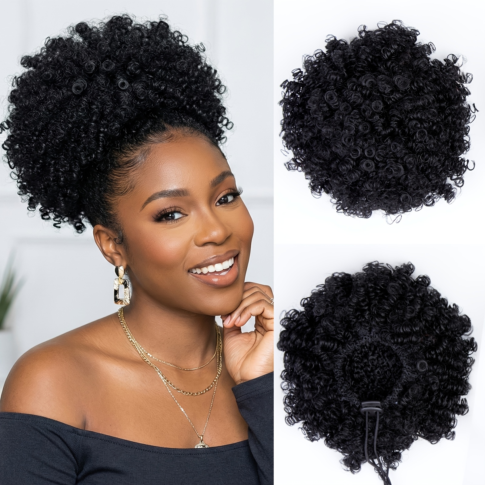 TEMU Rallonge pour chignon à cheveux crépus bouclés marron foncé - Chignon perruque à cordon de serrage, mèche synthétique volumineuse pour coiffures