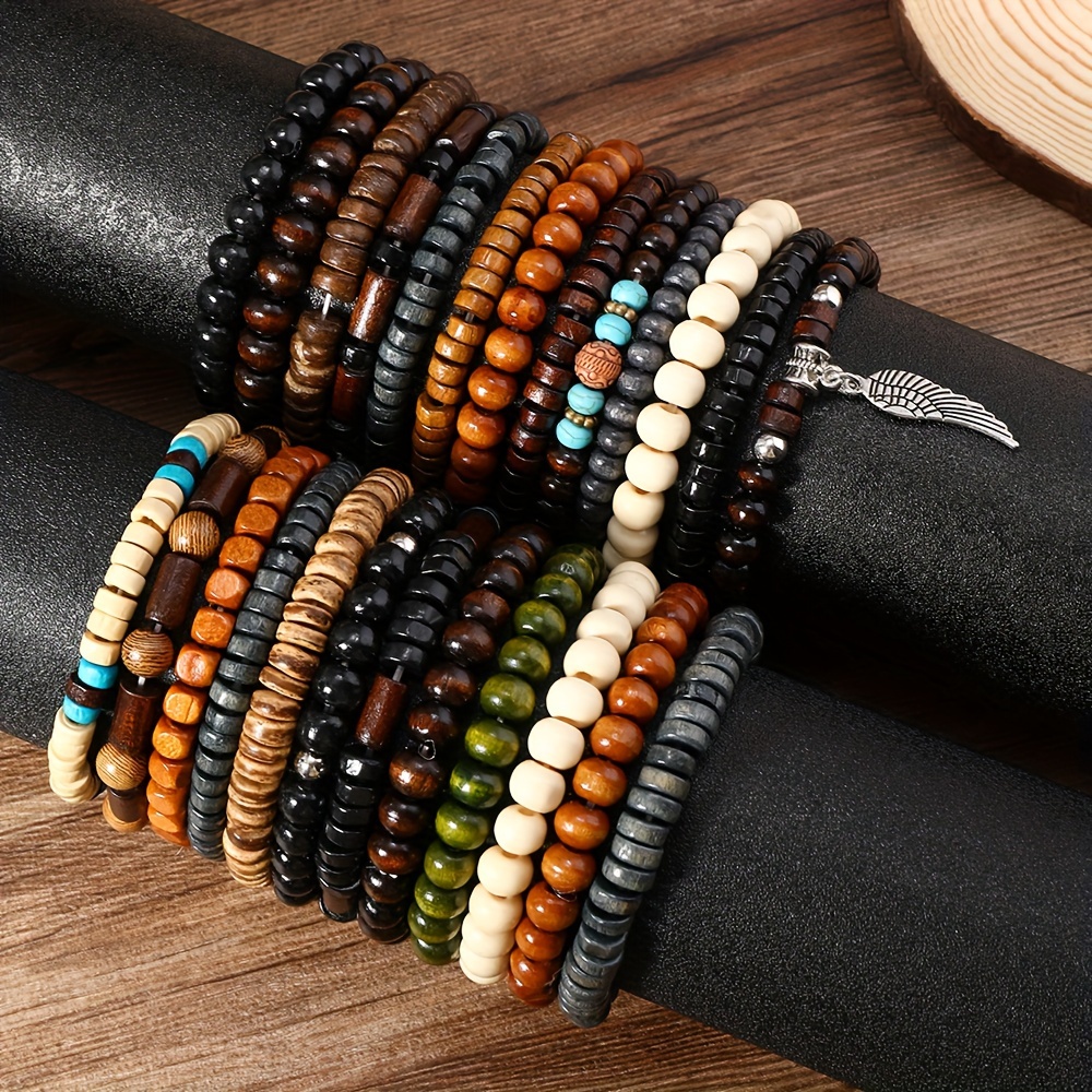 

25pcs Men' Fashion Bracelet Set - & , Handcrafted With Wooden Beads In Multiple Colors & Patterns, Feather Charm Detail, Beads For Bracelets