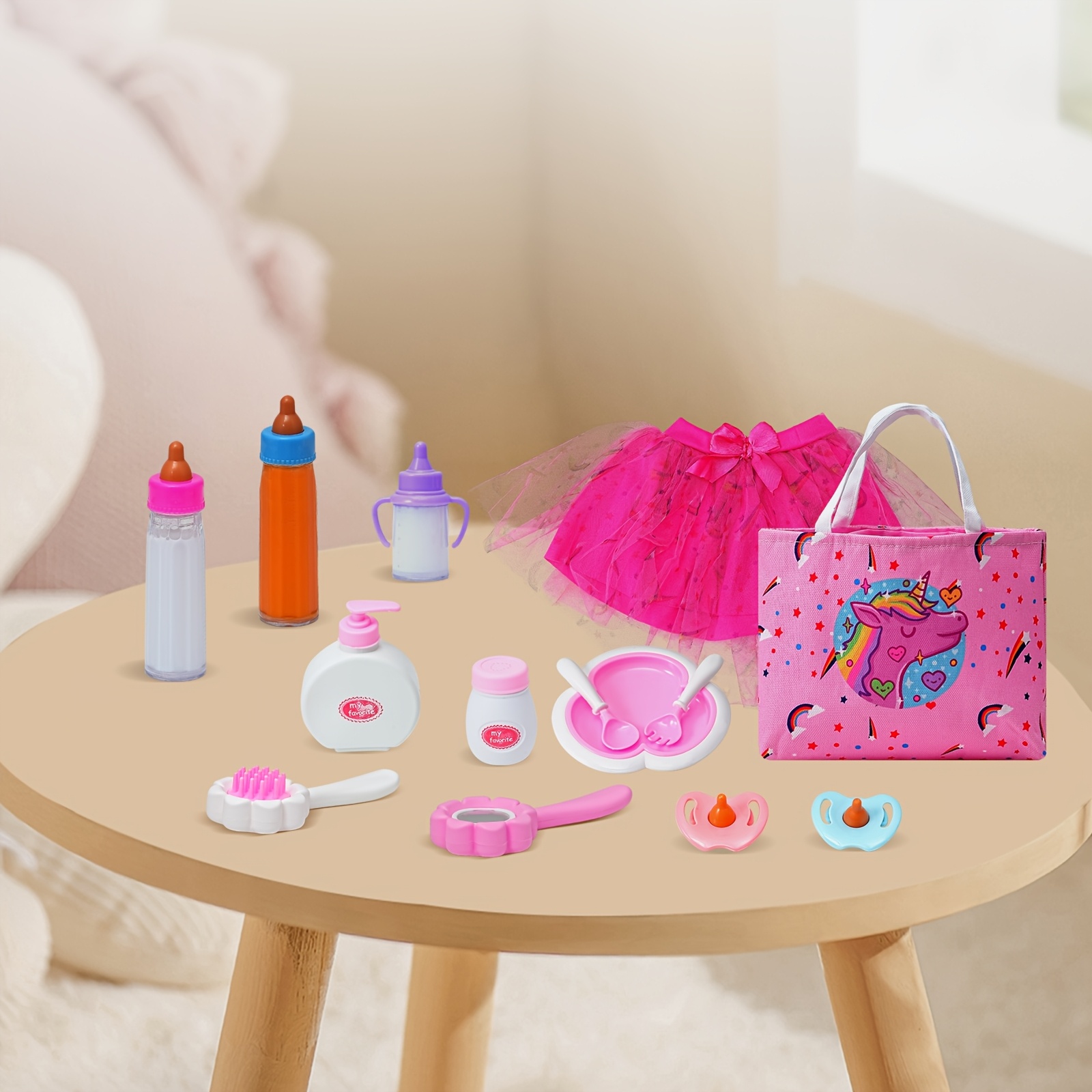 BABESIDE 12 Piece Baby Doll Care Set - Diaper Bag With Feeding Bottle, Diapers & Accessories For Pretend Play