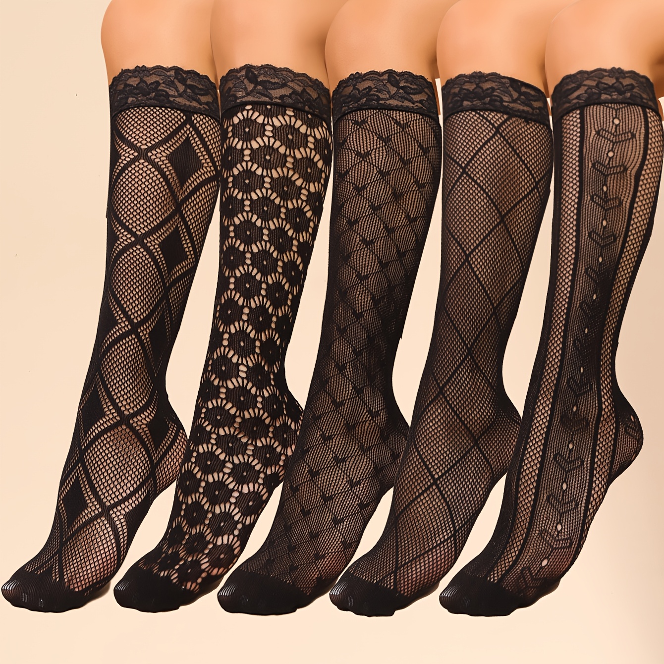 E-shop 5 Paar Spitzen-Wadensocken, Damen Mid-Calf Socken sind knielange Fischernetzstrümpfe