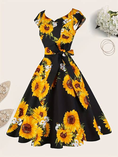 retro dress womens casual spring and autumn sunflower print dress womens daily elegant dress