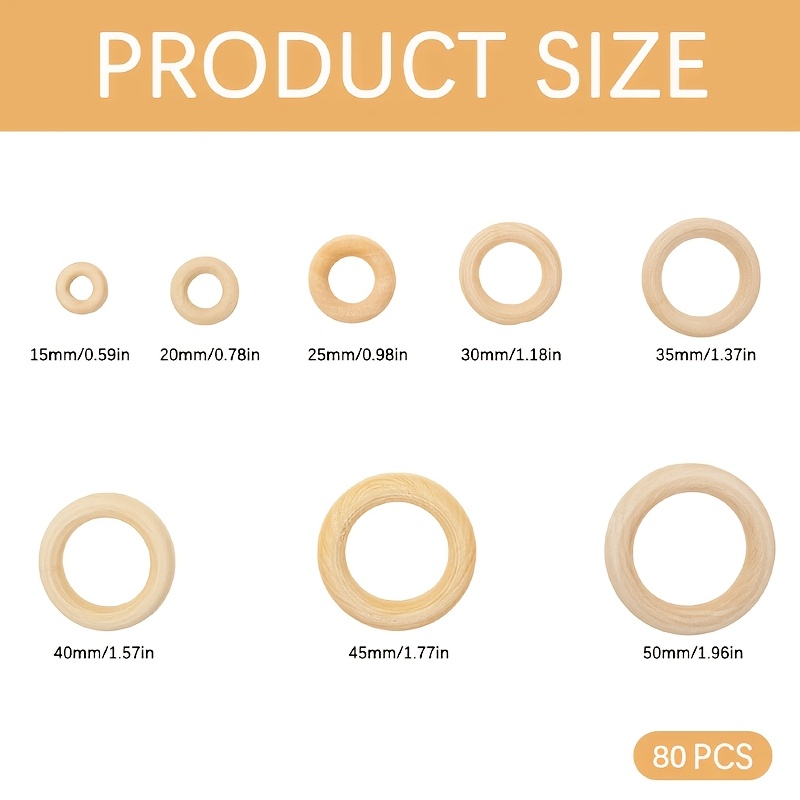 Image of 80pcs Natural Wooden Rings - 8 Sizes (small To Large) For Macrame, Jewelry Making, Crafts - Smooth End, Durable Wooden Loops - Ideal For Beginners & Professional Crafters