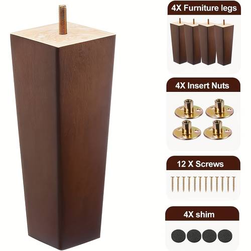 set of four solid legs 6 inch and 8 inch in size made from walnut designed for medieval modern furniture pre drilled bolts and mounting plates for easy replacement of sofa and coffee table legs