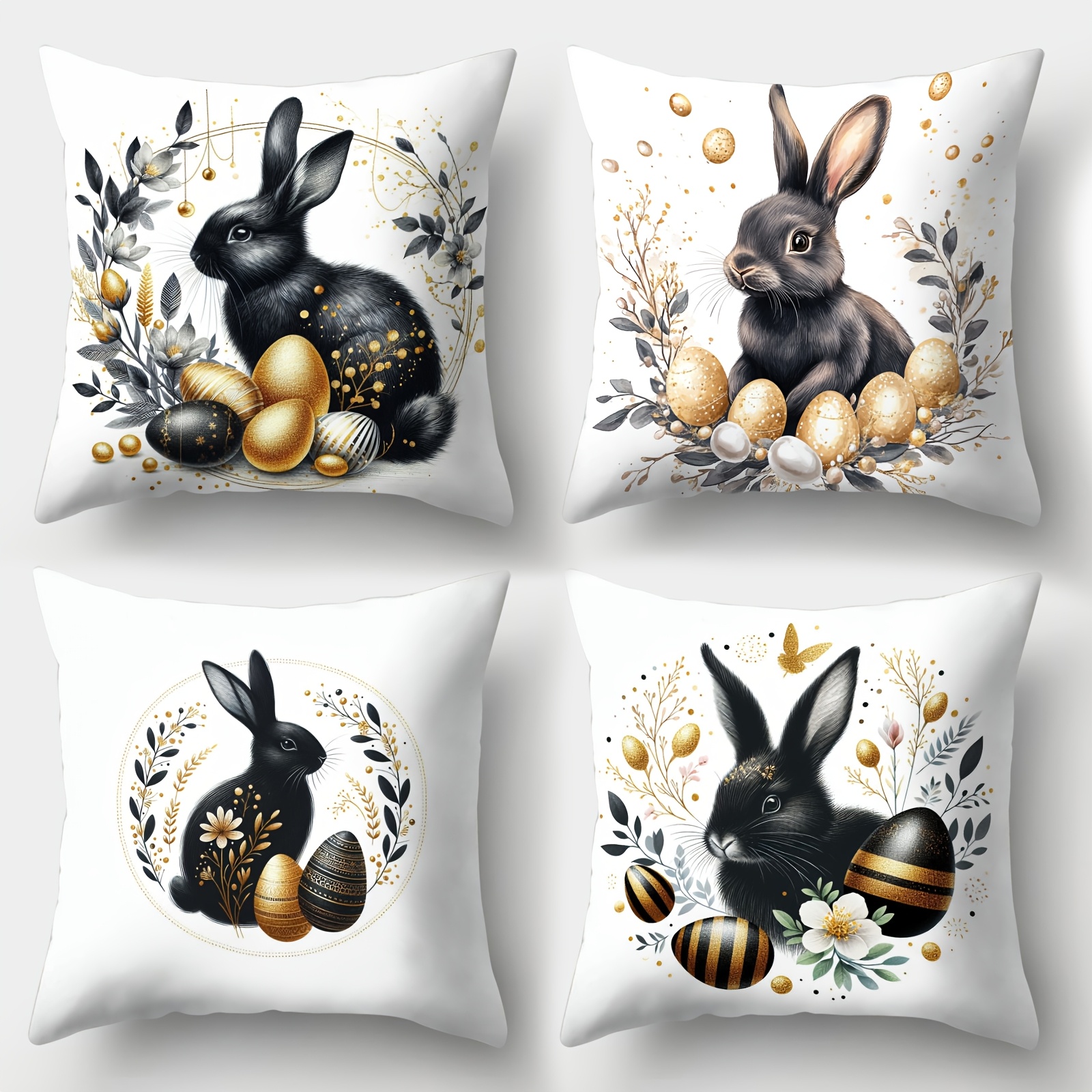 TEMU Ensemble de 4 taies d'oreiller de Pâques avec des lapins noirs et des œufs dorés, parfaites pour la décoration festive du canapé, la décoration