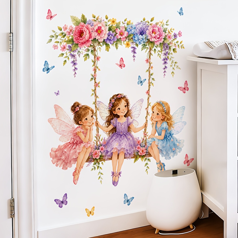 TEMU 1set, 2pcs, Watercolor Fairy Wall Stickers Living Room Bedroom Background Decoration Flower Bush Self-adhesive Wall Stickers