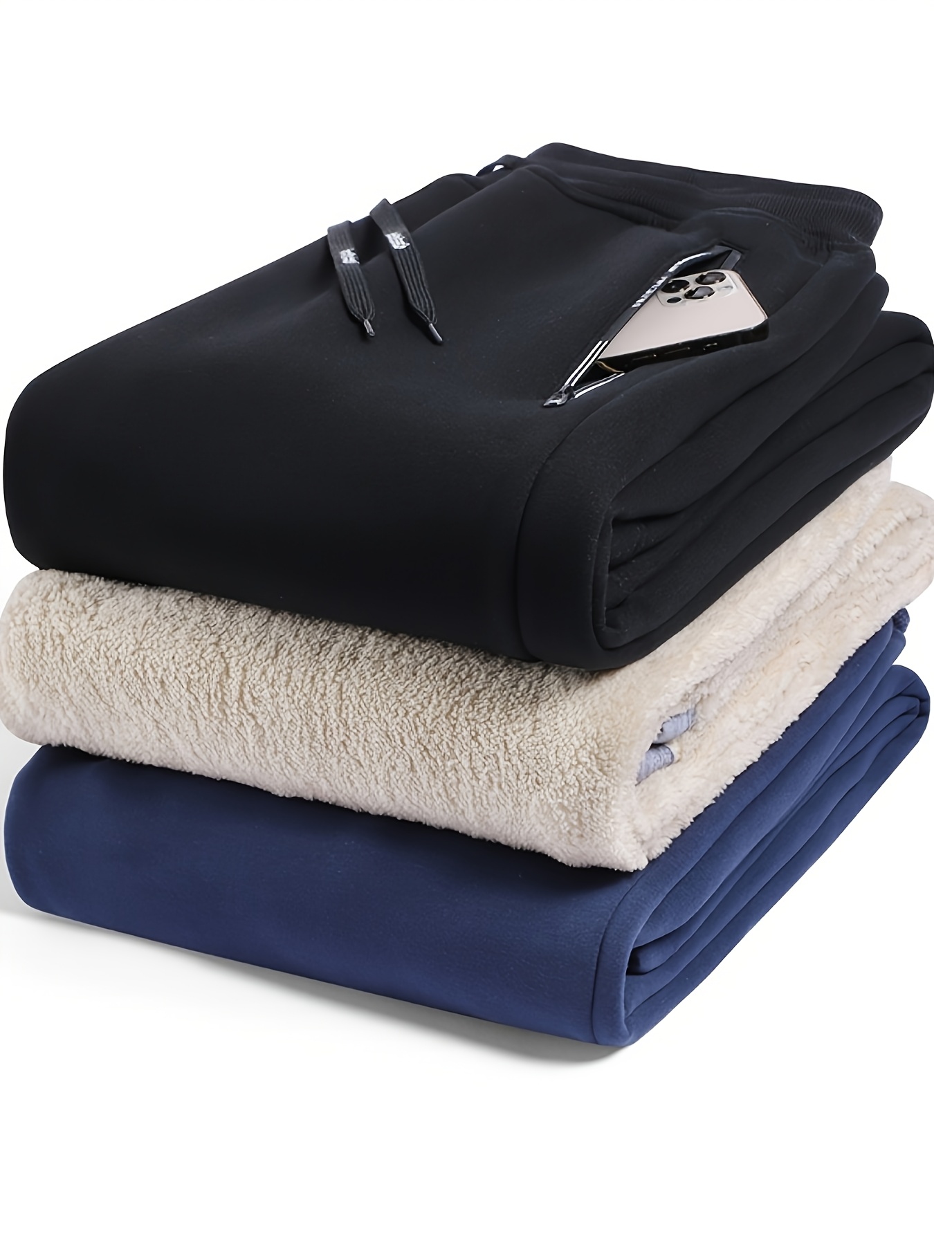 3pcs mens fleece lined sweatpants knitted polyester drawstring sports pants regular fit solid color   stretch with zip pockets for fall winter outdoor activities Product details 6