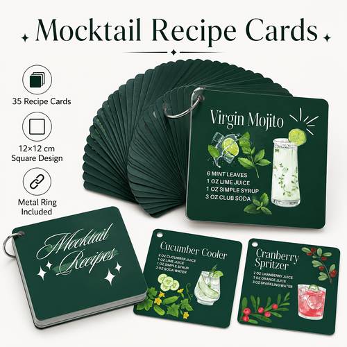 35pcs recipe cards set 12x12cm square green recipe cards drink mixing guide cards with detachable perfect for home bar bartender reference
