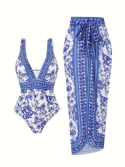 Einheitsbadeanzug mit blau-weißem Blumenmuster, schmal geschnittener Design und Mesh-Rock für Damen
