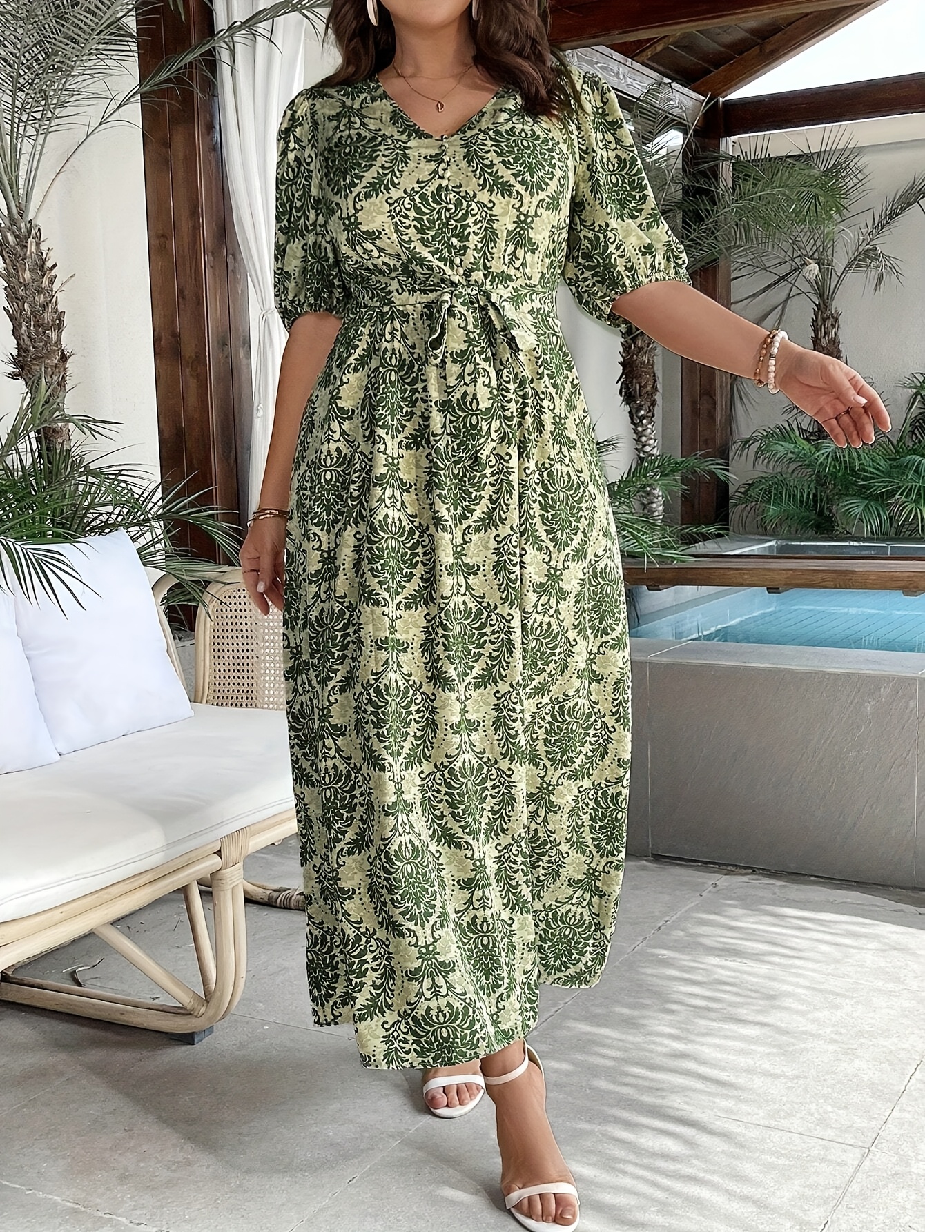 knee length dresses for ladies Solid Loose Spliced Mesh Casual Dress  Sothestore