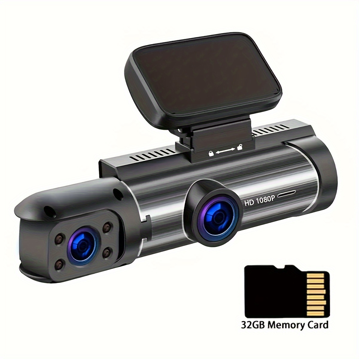TEMU 1pc Dual Lens Dash Cam With 64gb Memory Card, 1080p Hd Front And Interior Car Camera, , , Loop Recording, , 30fps, Rechargeable Lithium Polymer Battery, Car Plug, Universal Driving Position