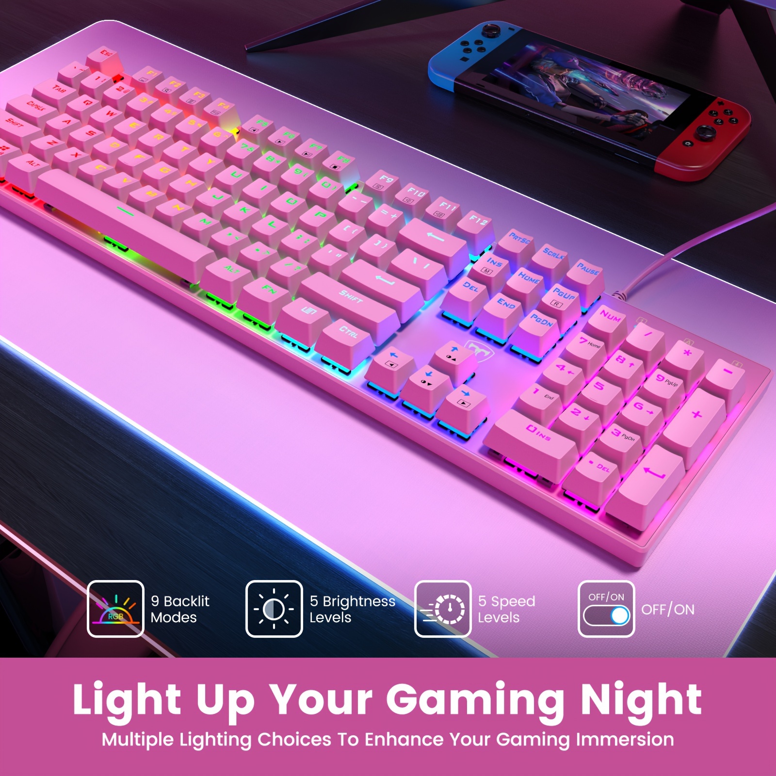 

Mechanical Gaming Keyboard, Rgb 104 Keys Ultra-slim Backlit Usb Wired Keyboard With Blue Switch, Durable Abs Keycap, Anti-ghosting, Spill-resistant Mechanical Keyboard For Pc Gamer, Pink