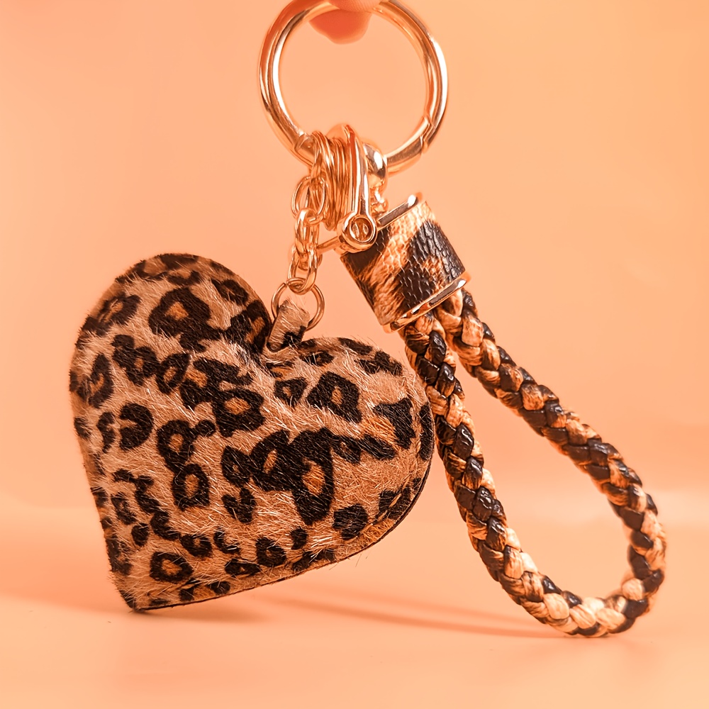 TEMU 1pc Leopard Print Woven Rope Car Car Key Chain With Fashionable Leopard Print Heart, Faux Leather, Durable And Stylish Accessory, Gift, Couple