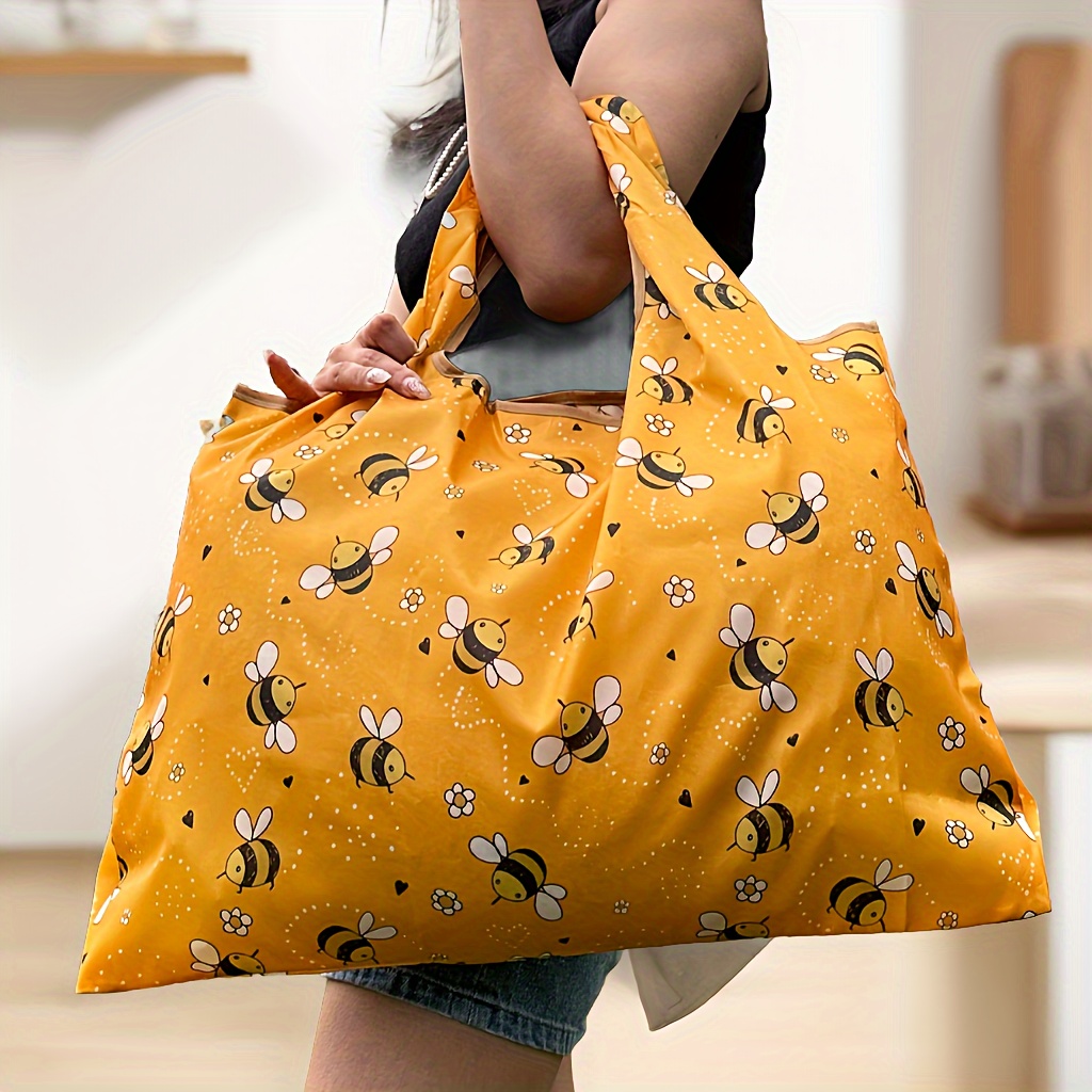 Large capacity Folding Shopping Bag Cute Bee Pattern Nylon Tote Bag Portable Grocery Storage Bag