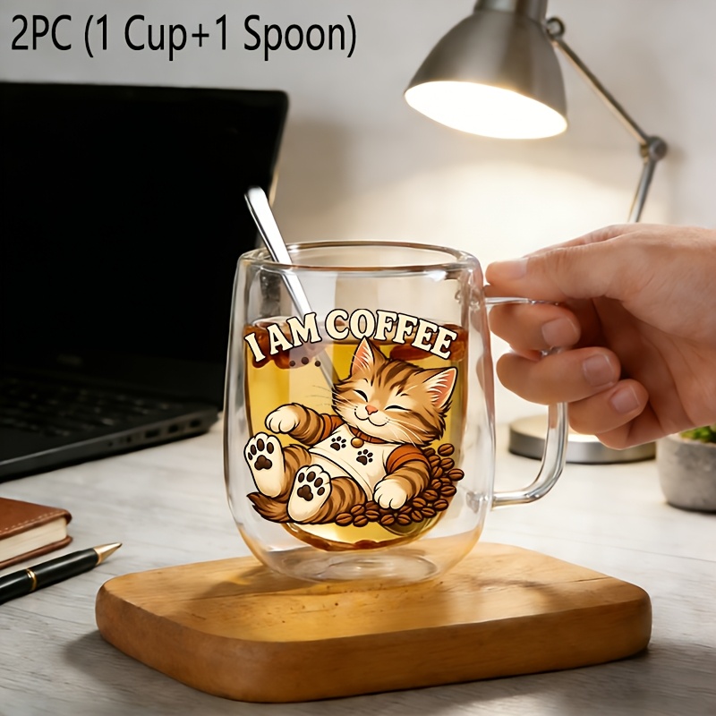 TEMU 2pcs Insulated Double-walled Borosilicate Reusable Glass Cup With Spoon Handle,large Capacity Clear Coffee Mug For Beverages Drinks For Men