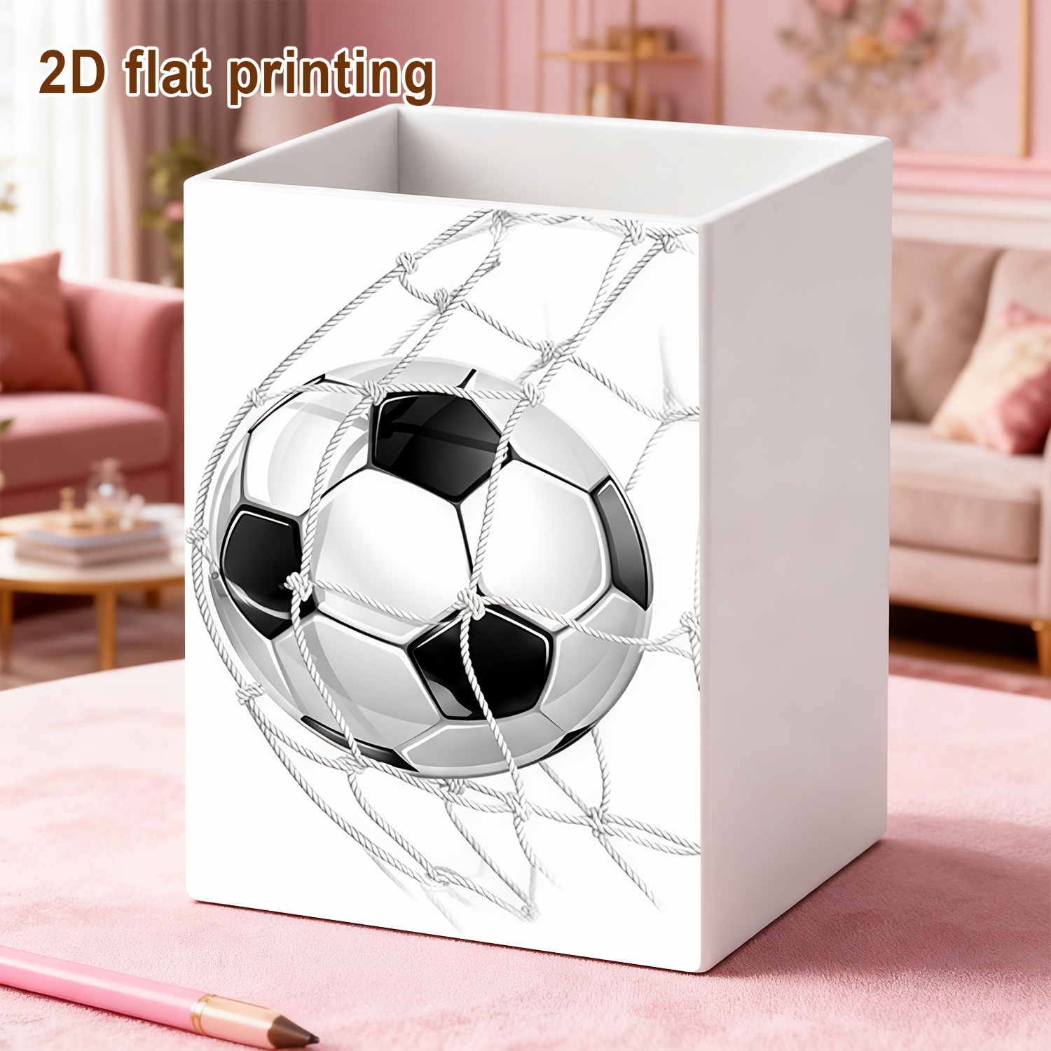TEMU Petit bac de rangement de bureau de ballon de foot dans un filet de but (impression 2D à plat), conteneur de rangement carré , porte-stylo,