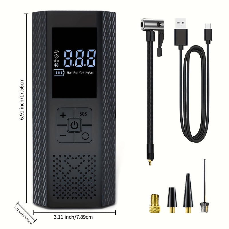 Image of Portable Car Air Compressor, Digital Tire Inflator, Digital Display, Rechargeable Lithium Battery, Led Light. Suitable For Cars, Bicycles, Motorcycles And Balls. Less Than 36v, Usb Type-c Connector