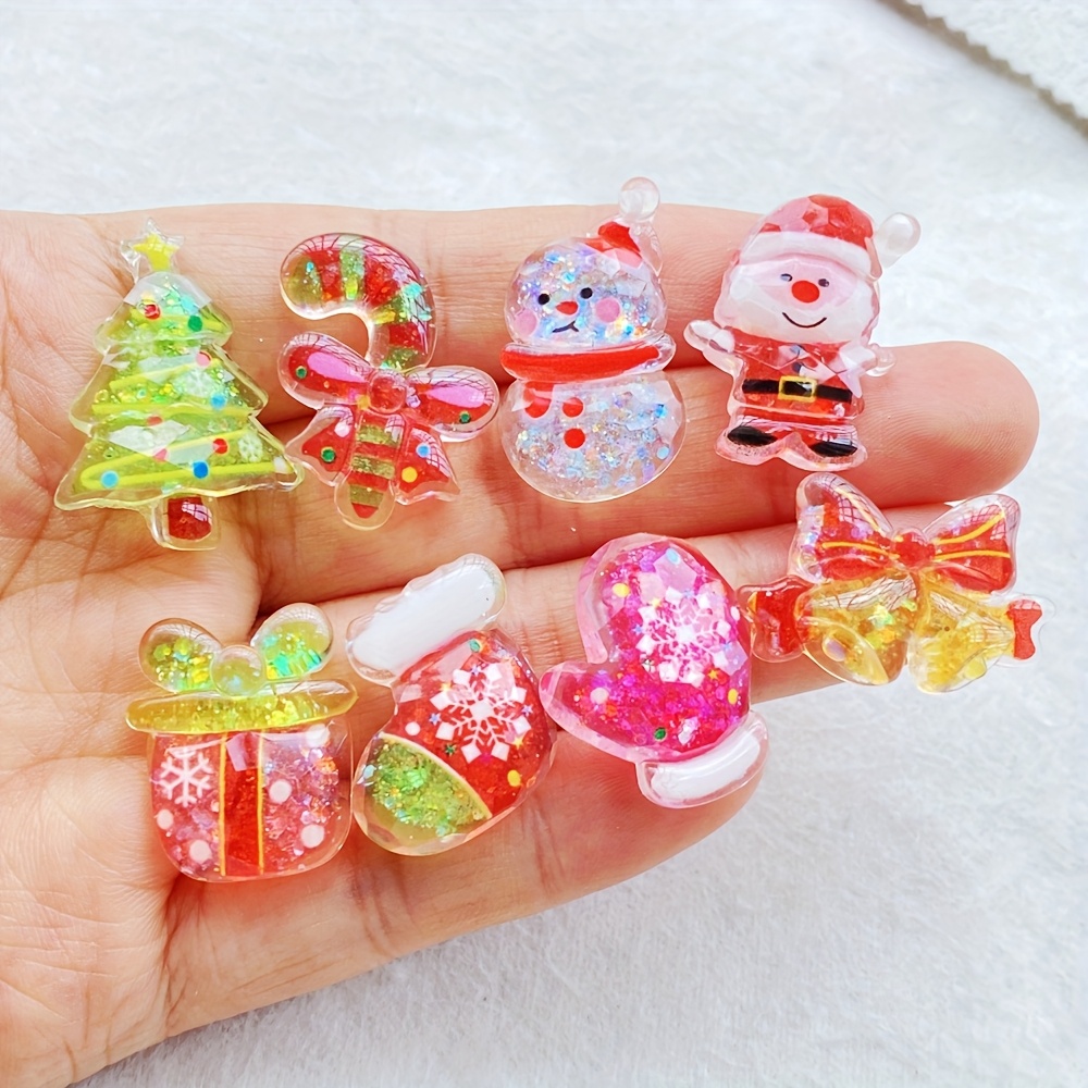 TEMU 8pcs Vibrant Sparkling Resin Christmas Ornaments Set - Cartoon Santa, Christmas Tree, Snowman & More With Rhinestones - Diy Crafts, Scrapbooking
