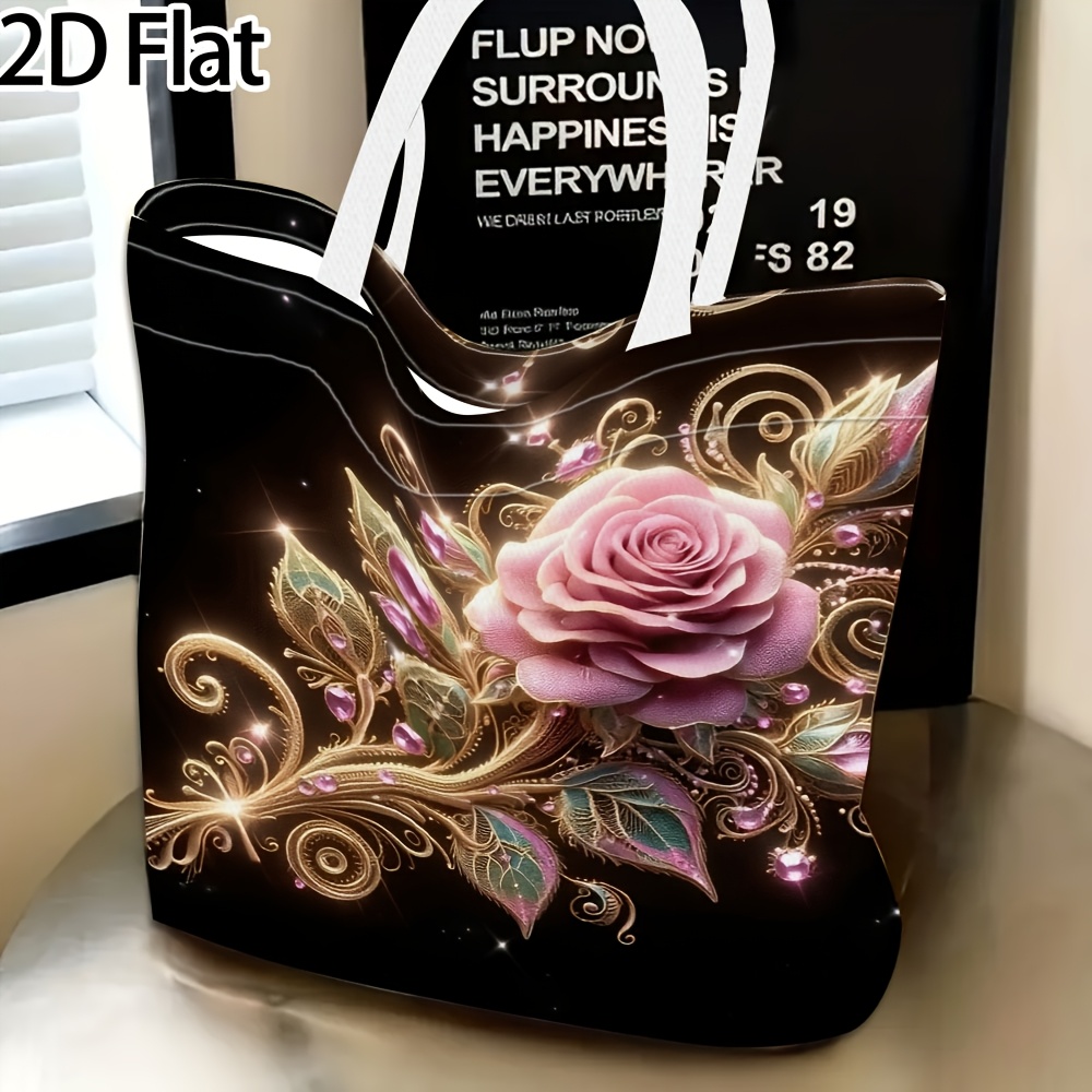 TEMU 2d Flat 1pc, Women's Shoulder Bag, Golden Rose Theme Pattern Ladies Single Shoulder Bag, Reusable, Multifunctional, Handbag, Evening Clutch,