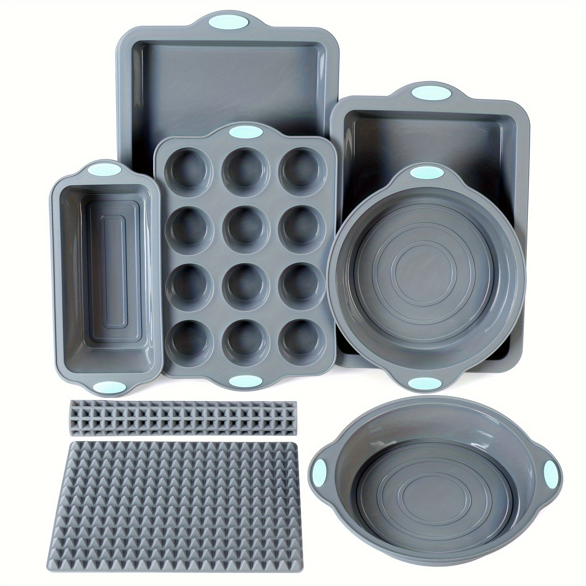 

8pcs Silicone Baking Pan Set - 6 Silicone Molds And 2 Silicone Baking Mat, Nonstick Cookie Sheet, Cake Muffin Bread Pan With Metal Reinforced Frame More Strength