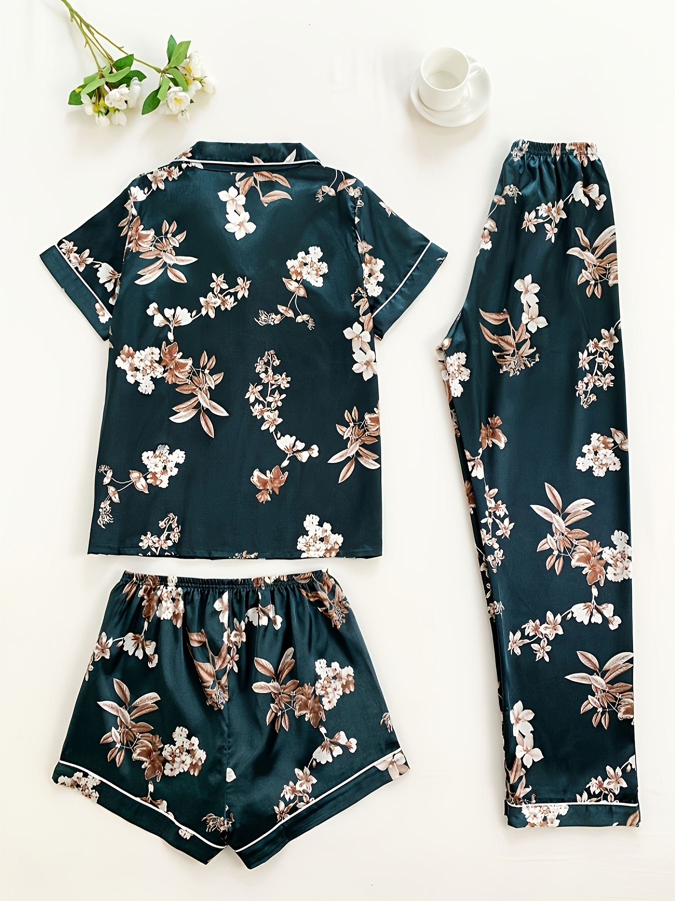 3pcs set of satin classical floral pajamas including womens short sleeved stand up collar top and shorts long pants pajamas   three piece set Product details 4