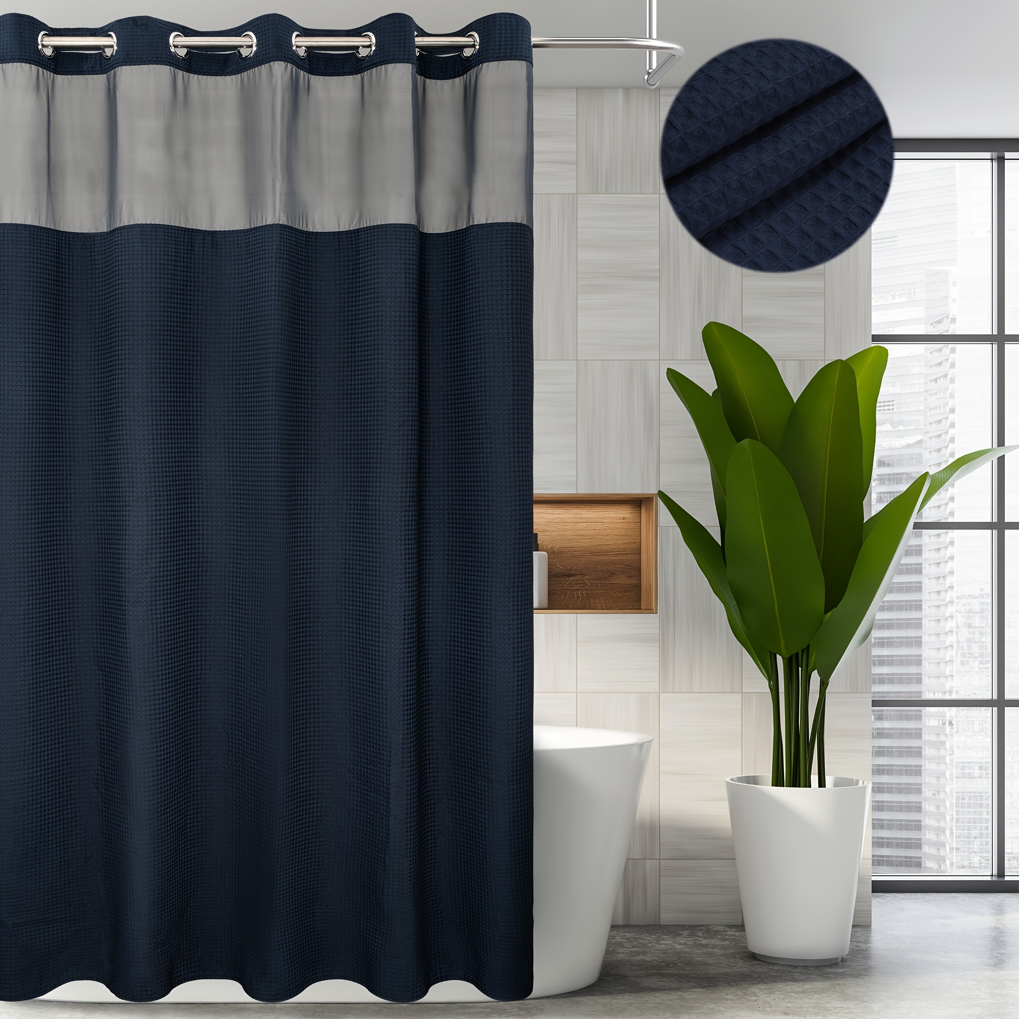 

Waffle Shower Curtain With Liner, Cotton , No Hook Needed, With Sheertop Window, 71*86inch